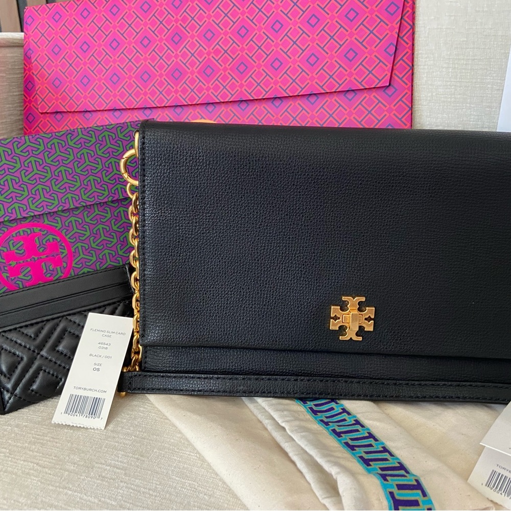 Tory Burch Kira Clutch bag black leather AND Fleming Card Case-dust cover,tags